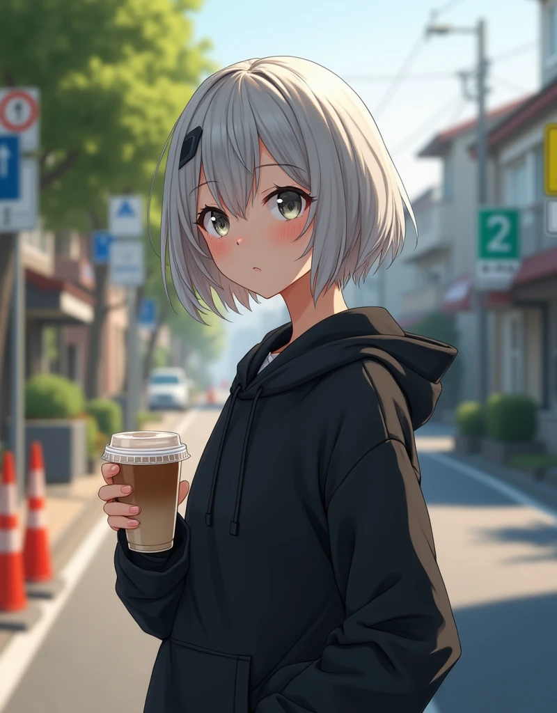 (RAW photo, best quality, masterpiece: 1.2), (photorealistic: 1.4), best lighting, 20 years old, (light gray hair, short bob cut, hair in 7 thirds, hair over one ear, Symmetrical eyes, fair skin, solo, Detailed Skin, Detailed Background:1.2), a black short-length hoodie, cafe latte in a transparent cup, taken in a residential area in Japan, road signs, traffic cones, sun, street trees, ((Realistic photo))