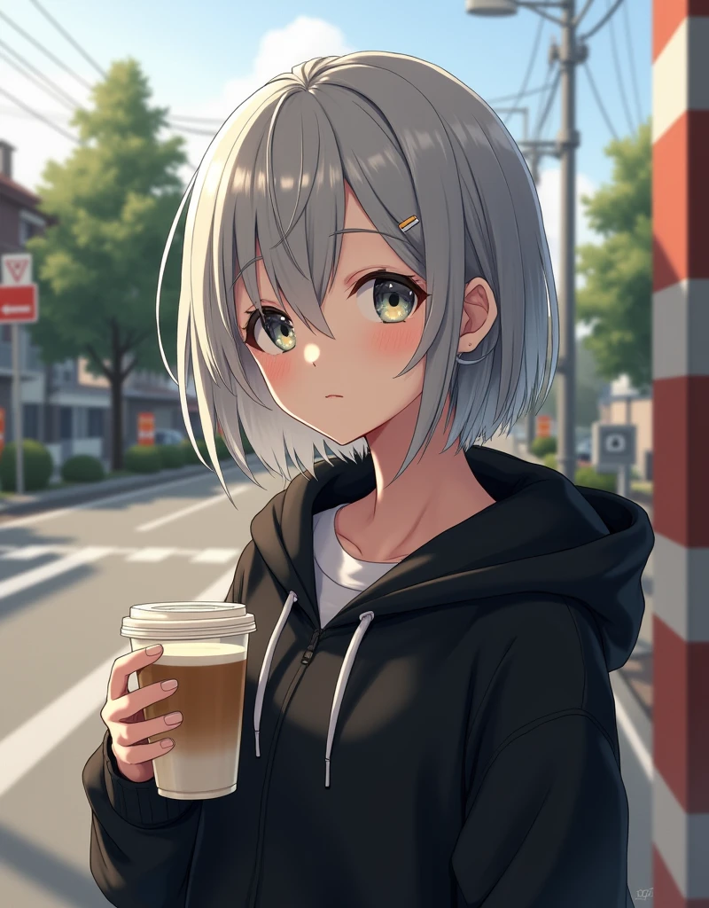 (RAW photo, best quality, masterpiece: 1.2), (photorealistic: 1.4), best lighting, 20 years old, (light gray hair, short bob cut, hair in 7 thirds, hair over one ear, Symmetrical eyes, fair skin, solo, Detailed Skin, Detailed Background:1.2),　a black short-length hoodie, cafe latte in a transparent cup, taken in a residential area in Japan, road signs, traffic cones, sun, street trees, ((Realistic photo))