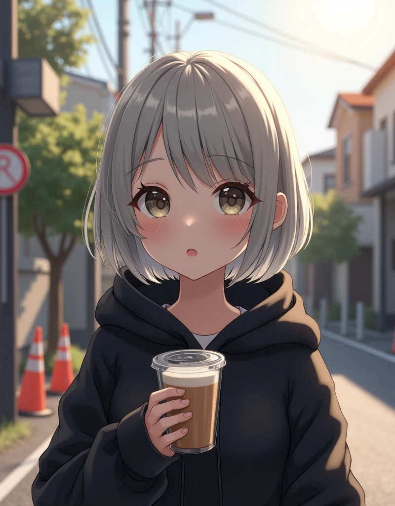 (RAW photo, best quality, masterpiece: 1.2), (photorealistic: 1.4), best lighting, 20 years old, (light gray hair, short bob cut, hair in 7 thirds, hair over one ear, Symmetrical eyes, fair skin, solo, Detailed Skin, Detailed Background:1.2), a black short-length hoodie, cafe latte in a transparent cup, taken in a residential area in Japan, road signs, traffic cones, sun, street trees, ((Realistic photo))