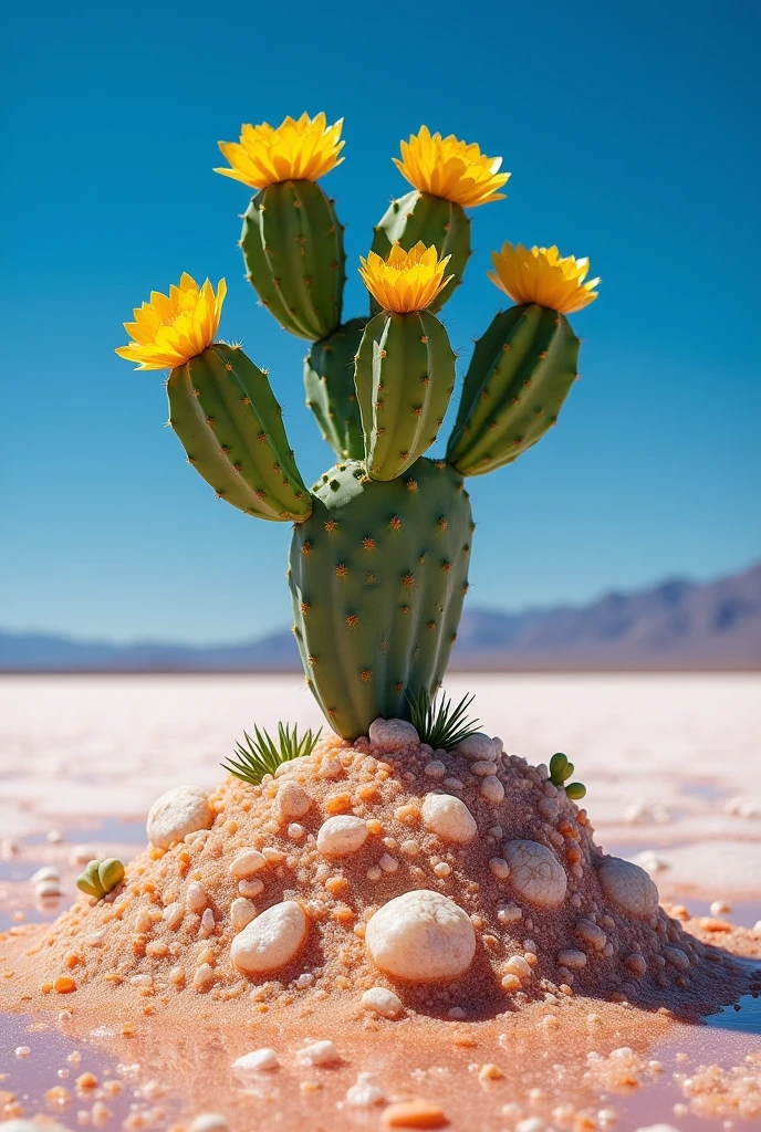 an opuntia cactus on a mound of salt