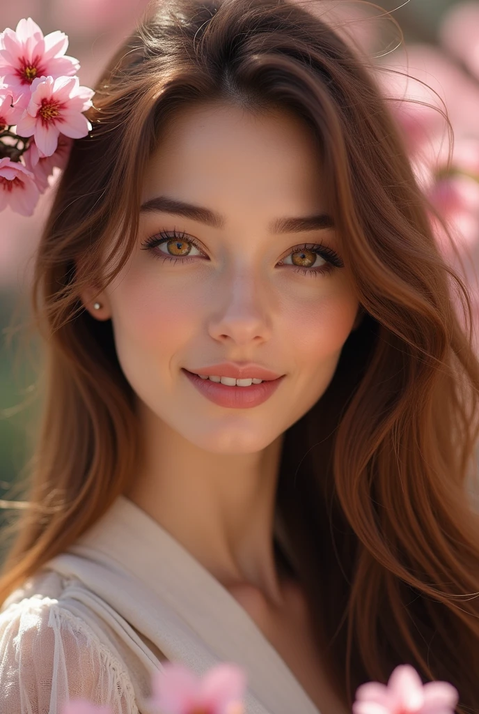 A beautiful European woman's face, with honey-colored eyes, flawless skin, wavy hair and full lips