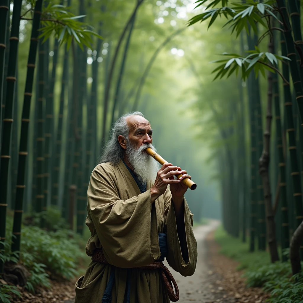 (A scene of a bamboo forest with a fantastical atmosphere;1.2)、Cool sounds echo from the bamboo grove.、An old man, a spirit of the bamboo, plays a bamboo flute.、Bamboo leaves rustle and fall in time with the melody.、The old man wears a strange garment, resembling both a Japanese kimono and a hermit's robe.、(Highest quality、masterpiece)、4K、wallpaper、
