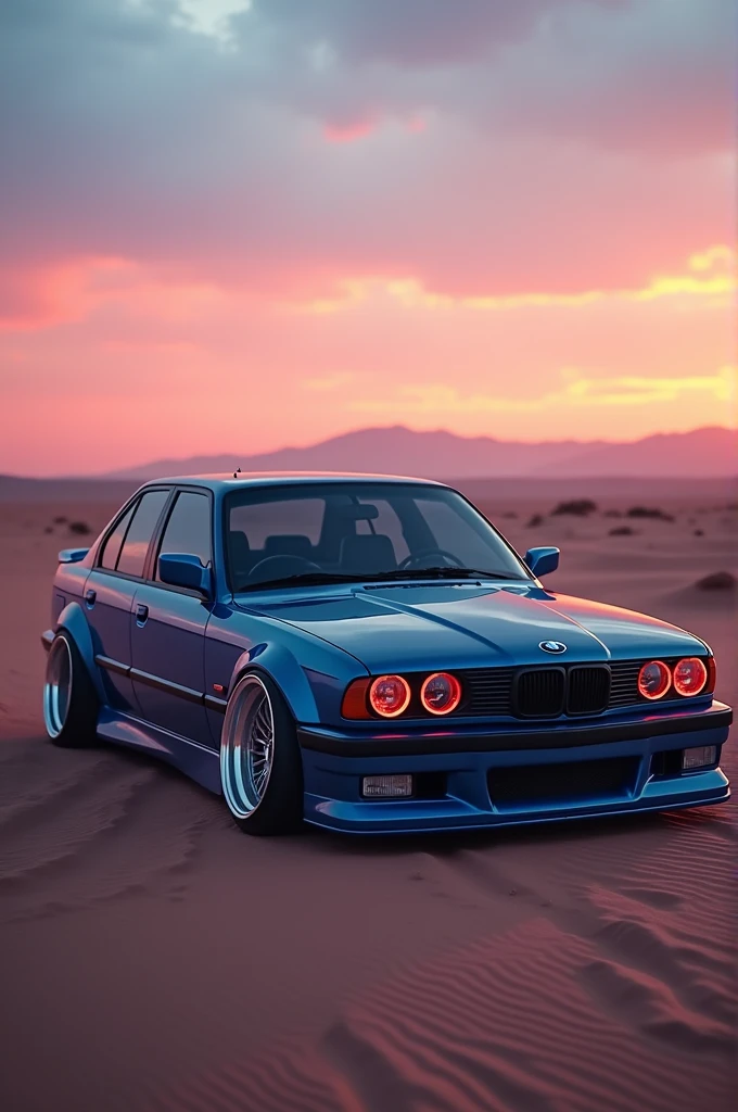 bmw e36 sedan stock blue color,Cyberpunk Desert, sunrise
