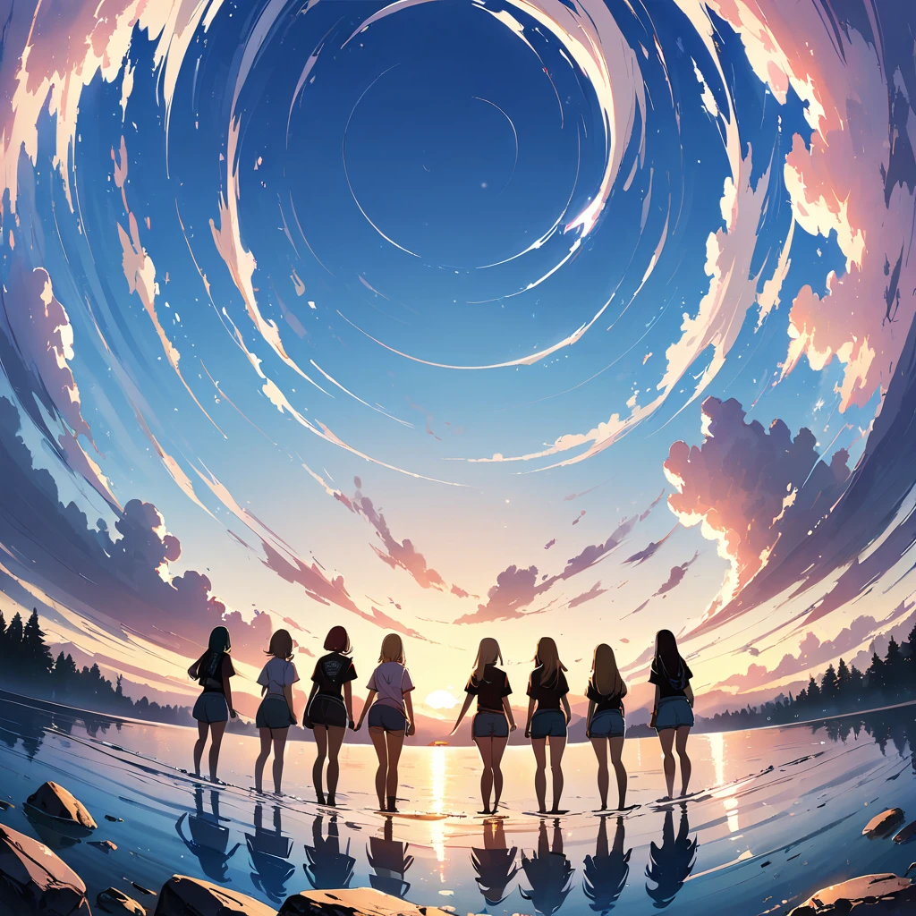 official art, unified 8k wallpaper, super detailed, masterpiece, Best image quality，super wide angle，((summer day))，noon, (five slim girls are standing side by side:1.4), (standing far away:1.6), black t-shirt and jeans shorts, rock stars, Standing in the pond，(Backlit:1.6), water is like a mirror，reflecting the sky。look up to the sky，blue sky, white cloud，sunshine, Dynamic angle, grace, bright colors, from behind