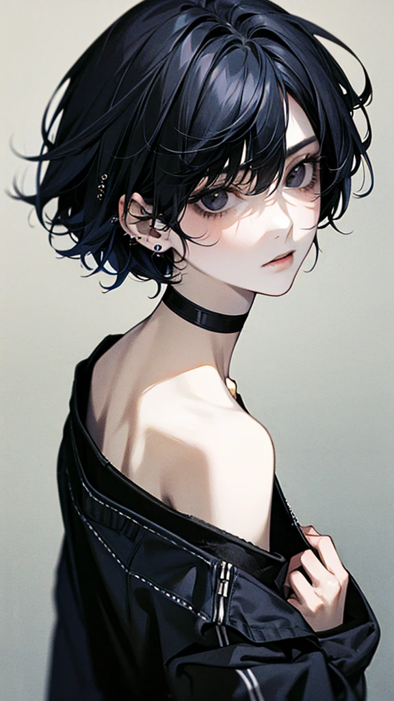 1girl, black hair color, short hair, piercings, expressionless, looking above, solo, Masterpiece, best quality, beautiful, 8K, looking back, looking up, black eyes, slim, jacket, earrings, choker, concept