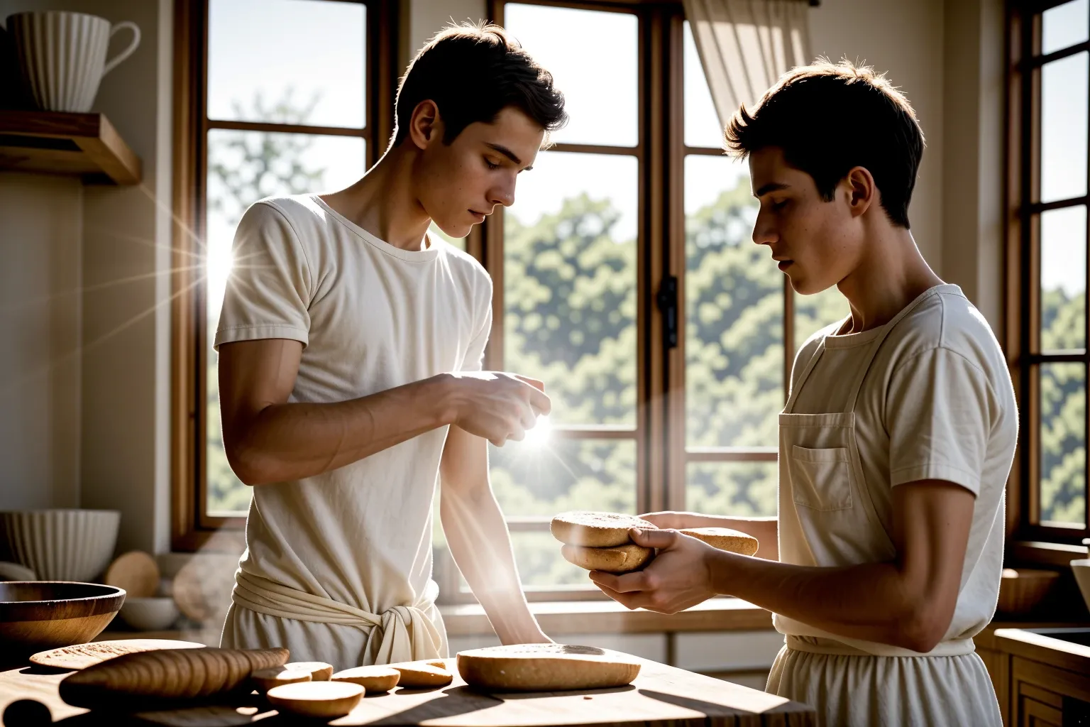 obra-prima, melhor qualidade, foto cinematográfica de um jovem francês magro,  20 anos, preparando pão com leite de cabra. Luz solar amarela frontal. foco suave
, fotografia, filme , highres