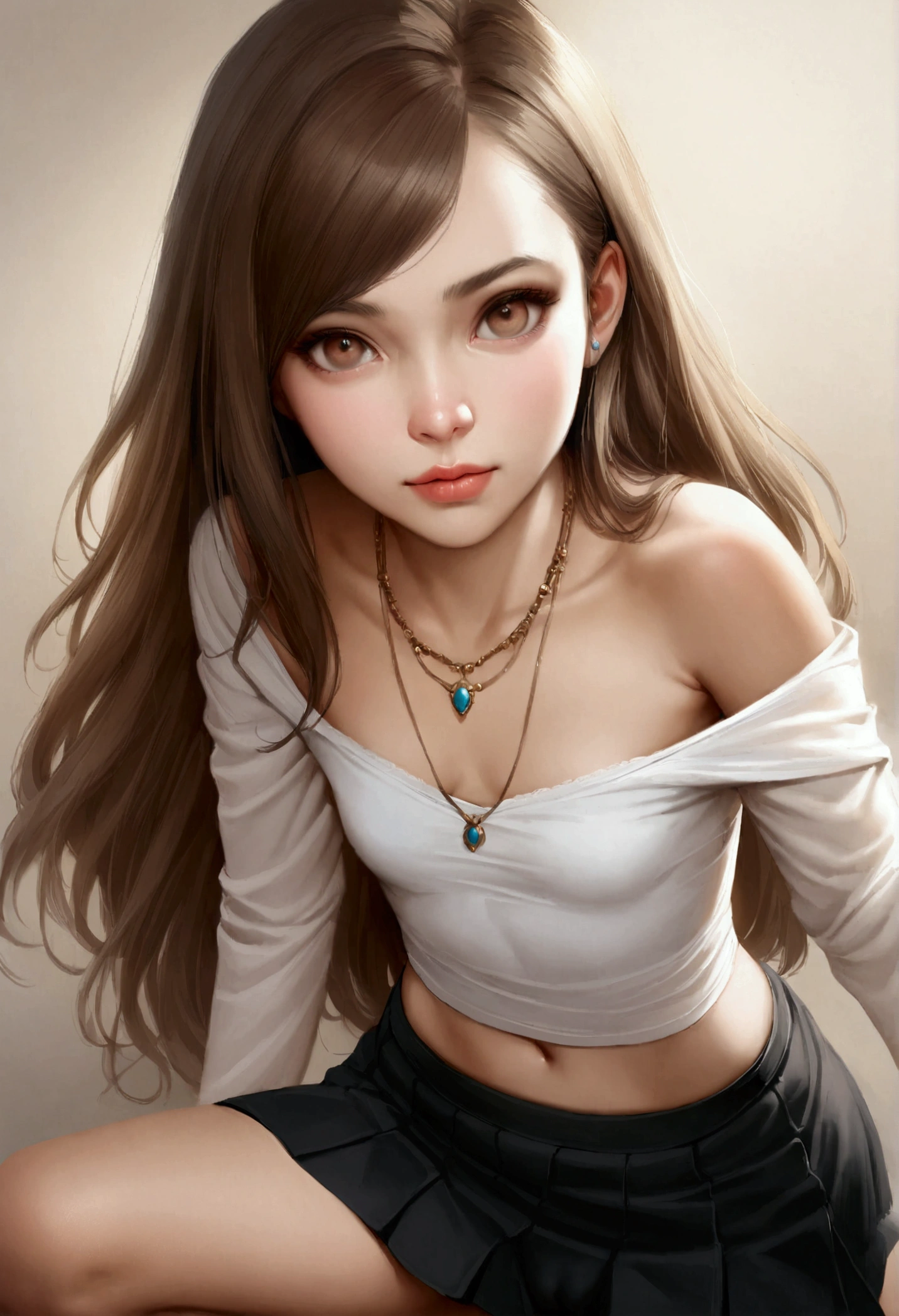 1girl 13 year old, solo, long hair, small breasts, looking at viewer, brown eyes, jewelry, necklace, off shoulder, skirt , skinny, lips, realistic, nose, flirting, cleavage, perfect eyes, squatting, tight panties, cameltoes