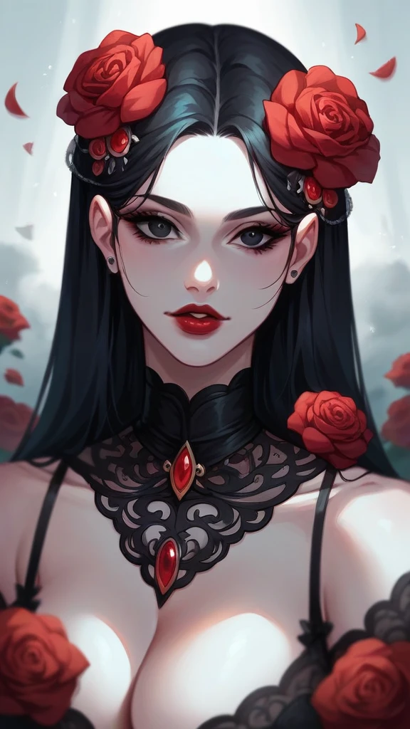 realism; black lace dress; gothic; sweet face; straight hair; long black hair; beautiful eyes; beautiful, red lips; black eyes; background with fog and red flowers