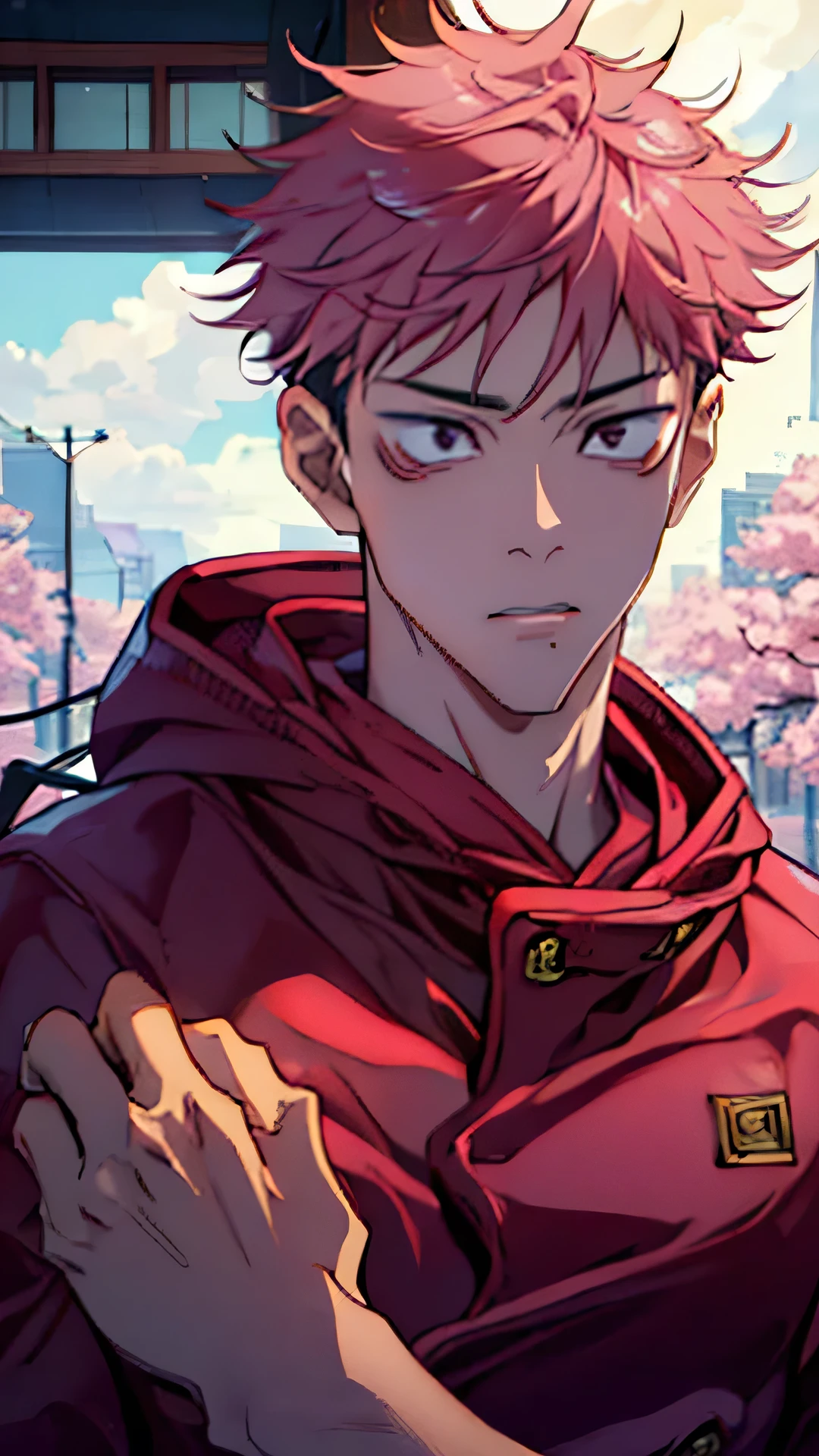 Absurd, High resolution, Super detailed, High resolution, masterpiece, Highest quality, Itadori Yuuji, Pink Hair, expressive brown eyes, JUJUTSU KAİSEN, alone, Sexy man, good looking, Jiu Jitsu Uniform, Red hoodie, Fantasy, The Shining, water, Pink Flower, Pink Flower, Pink Flowerびら