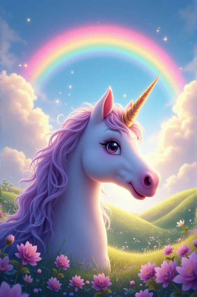Rainbow with clouds, unicorn face, name Adhara