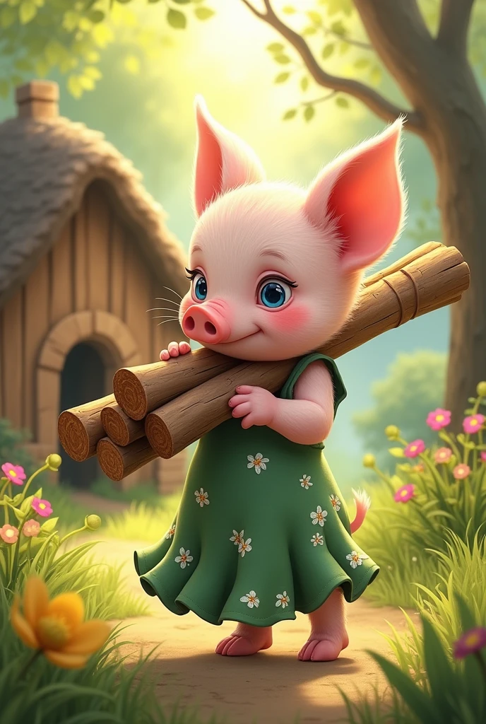 full-body illustration, (1piglet:1.2), (dark green eyes:1.2), (cute and chubby:1.3), carrying a heap of long wooden logs in hand, wearing a long green floral dress with white flowers, standing on hind legs, (adorable expression:1.3), big blue eyes, small snout, (realistic fur texture), (nature background:1.2), surrounded by grass, ((building a small house made of wooden sticks)), standing in front of a small house made of wooden logs and beautiful wooden door:1.3, sunlight filtering through the leaves, (soft lighting:1.3), (warm and bright color scheme:1.3), (highly detailed), (ultra quality:1.3), (masterpiece), (digital art), 8K resolution, HDR, depth of field, (soft shadows), (photorealistic:1.3), (animation:1.2), (by Greg Rutkowski:0.9), (in the style of Alphonse Mucha), trending on ArtStation, award-winning art