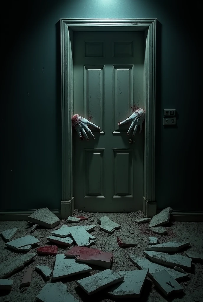 Room in a mess with broken things , At the closed door you can see bleeding hands trying to get in