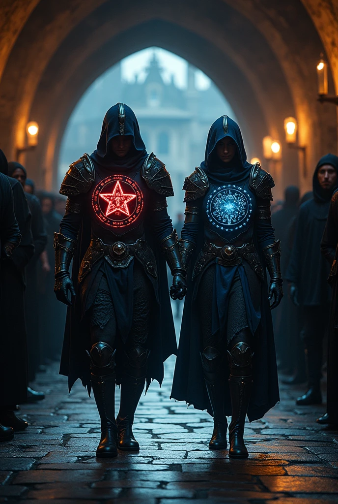 (photorealism:1.2), Two figures strode from the archway into the leaky cauldron. Tall and obviously fit, they both wore identical armor. Midnight blue-scaled armor covered the pair, from black boots to gloved hands. Greaves, pauldrons, cruises, and vambraces in a light-absorbing black accent accented the rest, while a pure white cloak drew every eye to them. No one could identify if either was male or female, for each cowl was magically obscuring their faces, surrounding their features in absolute darkness. The cloaks were blinding, calling attention to the odd symbols adorning them. A blood-red seven-pointed starburst is surrounded by a circle, then a second circle is divided into three segments, each with a dot at each end and a small connection to the interior circle. Finally, three crescent moons faced outward. Around the symbols, three black dragons chased each other, each swallowing the tail of the one in front of them.