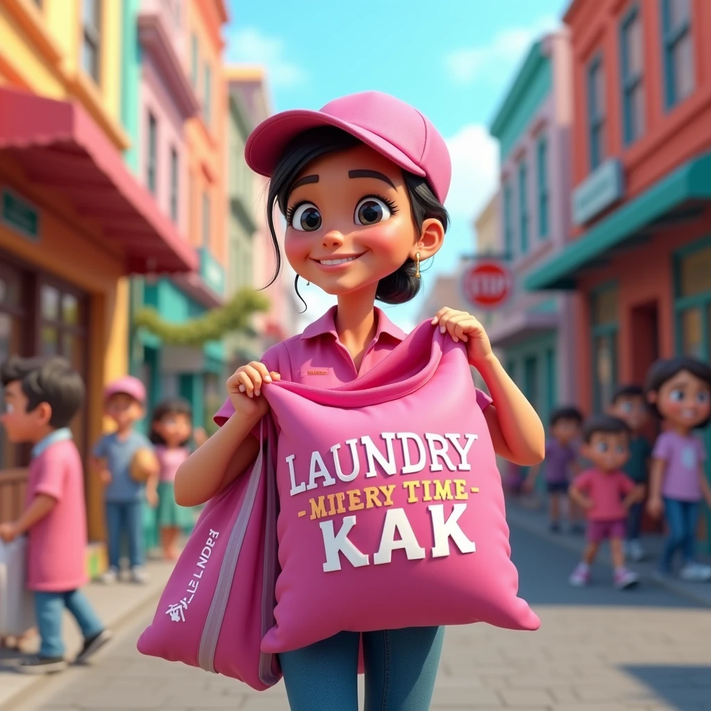 3D cartoon, HD, a woman as a laundry courier, wearing a pink shirt, carrying a laundry bag with title MISTER LONDRE , the title says "LAUNDRY TIME KAK" , no logo in caps