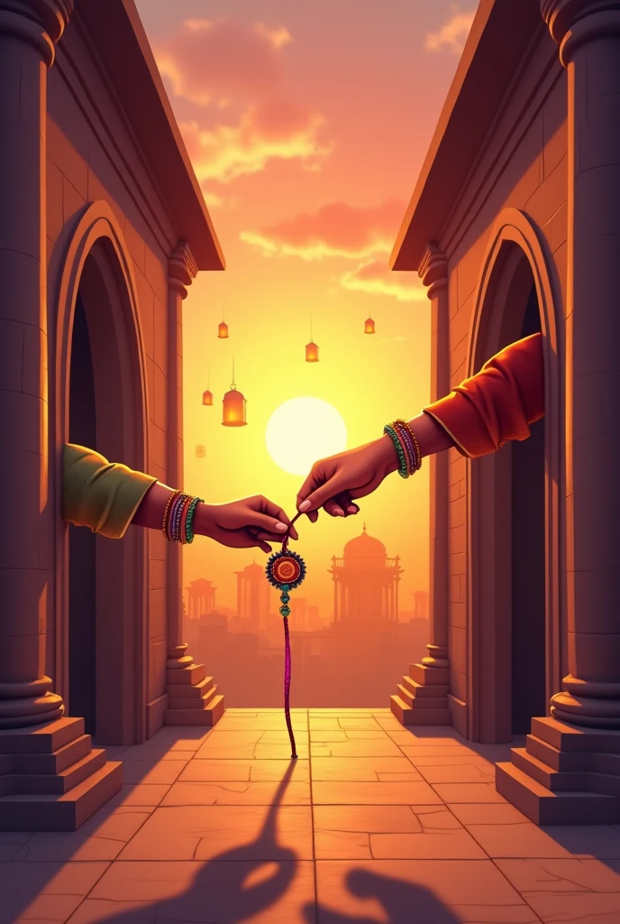 A real imagery of beautiful sunsets, two sides buikding standing, two hands from both side buildings tying rakhi to eat other, on rakshabandhan