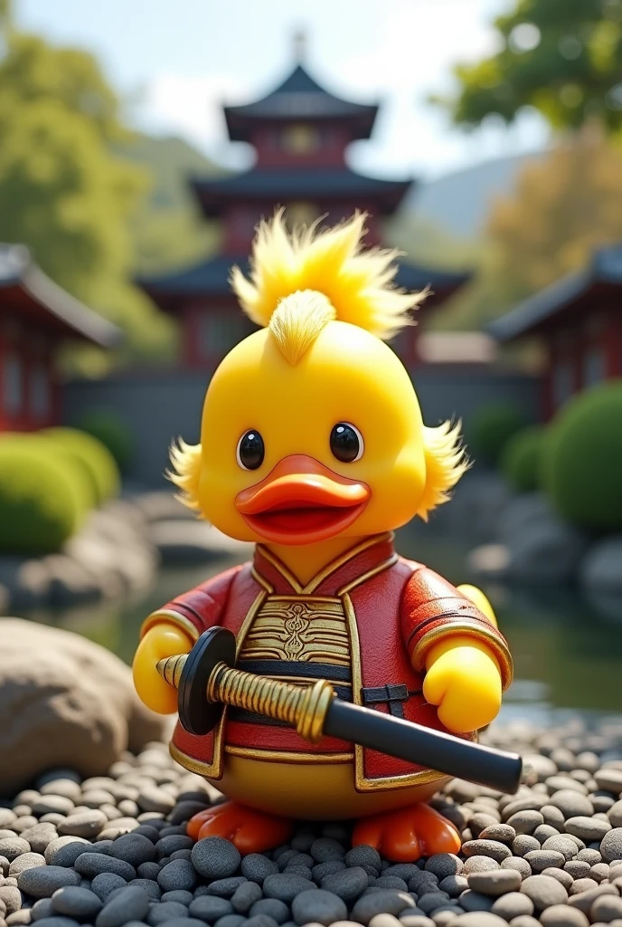 Yellow soft fur duck with pony tail hair wearing gold and red samurai costume holding japanese sword, zen garden background with japanese castle