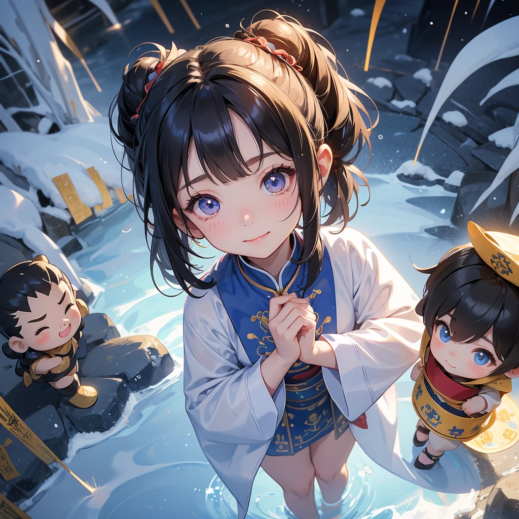 A chibi child girl had a small face and Wearing a blue little Taoist priest's outfit. A pair of big round eyes shone with curiosity about him. This child was so cute!, Burning joss paper and gold paper for the departed spirits in front of the house, raindrops are falling down, her hair is black with two buns on her hair.small chibi, chibi baby, smiling.
The little chibi baby looked up with his chest raised, and his face was old and proud.
Amidst the white snowy atmosphere, the snow is falling lightly, watching the snow fall one by one