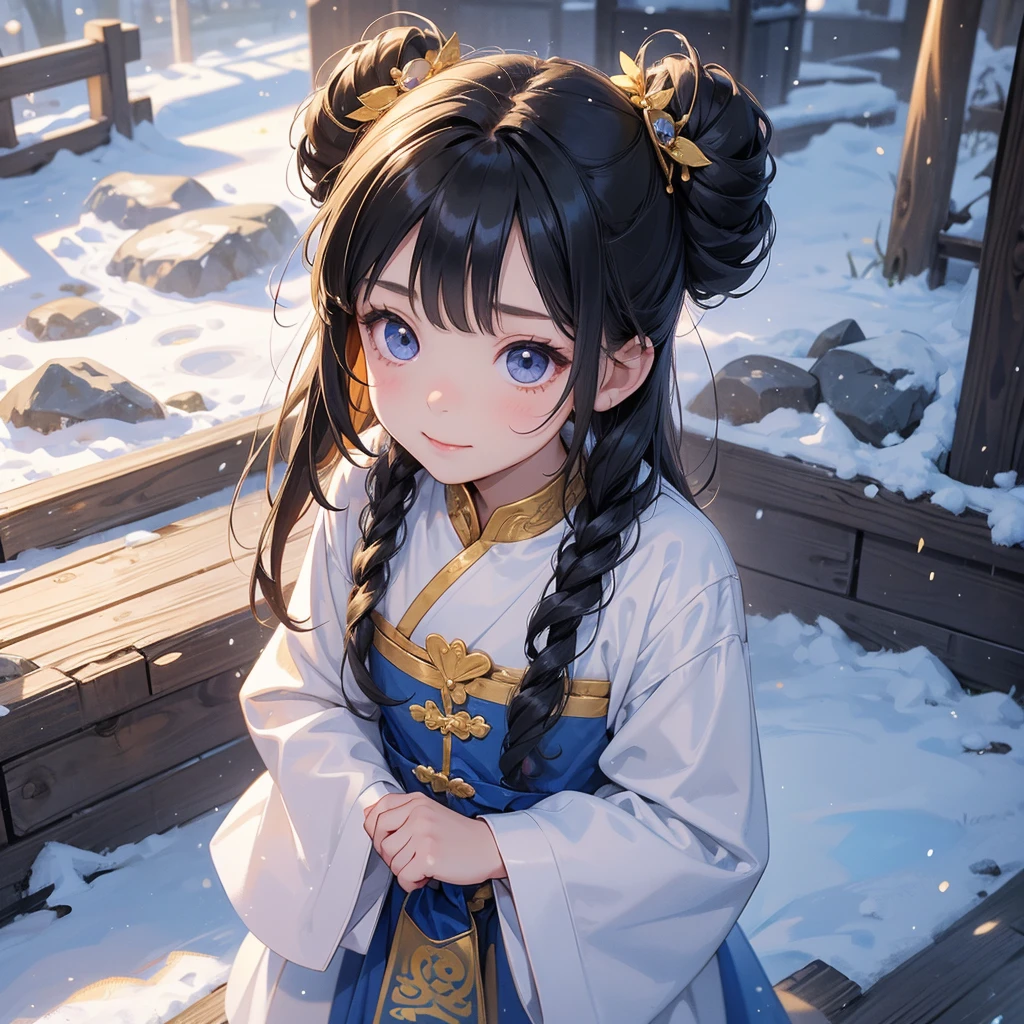 A chibi child girl had a small face and Wearing a blue little Taoist priest's outfit. A pair of big round eyes shone with curiosity about him. This child was so cute!, Burning joss paper and gold paper for the departed spirits in front of the house, raindrops are falling down, her hair is black with two buns on her hair.small chibi, chibi baby, smiling.
The little chibi baby looked up with his chest raised, and his face was old and proud.
Amidst the white snowy atmosphere, the snow is falling lightly, watching the snow fall one by one
