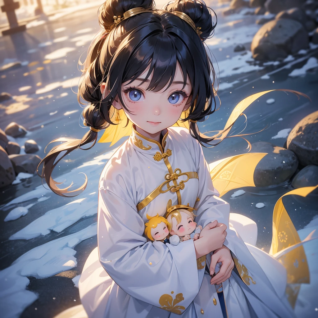 A chibi child girl had a small face and Wearing a blue little Taoist priest's outfit. A pair of big round eyes shone with curiosity about him. This child was so cute!, Burning joss paper and gold paper for the departed spirits in front of the house, raindrops are falling down, her hair is black with two buns on her hair.small chibi, chibi baby, smiling.
The little chibi baby looked up with his chest raised, and his face was old and proud.
Amidst the white snowy atmosphere, the snow is falling lightly, watching the snow fall one by one