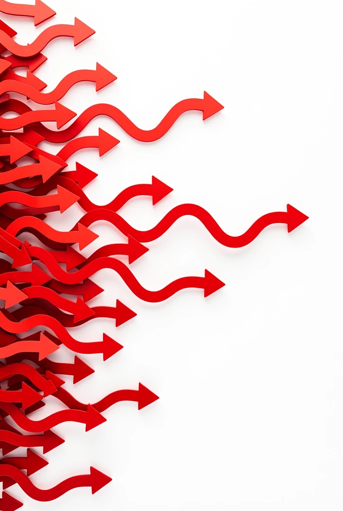 I want a horizontal image where on the left there are many wavy arrows mixed together., but as they head towards the right they become parallel and straight, red in color with a white background, In the end, these have to be straight and parallel, Don't forget that it has to be the same arrow.