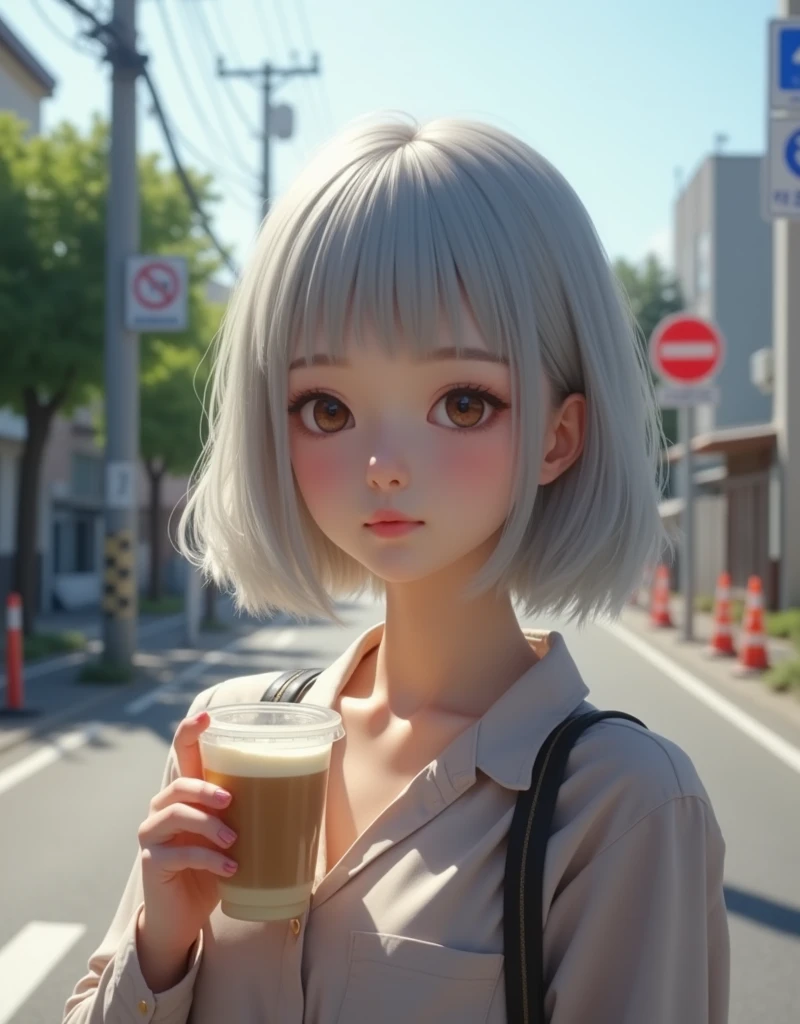 (RAW photo, best quality, masterpiece: 1.2), (photorealistic: 1.4), best lighting, 20 years old, (light gray hair, short bob cut, hair in 7 thirds, hair over one ear, Symmetrical eyes, fair skin, solo, Detailed Skin, Detailed Background:1.2), cafe latte in a transparent cup, taken in a residential area in Japan, road signs, traffic cones, sun, street trees, ((Realistic photo))