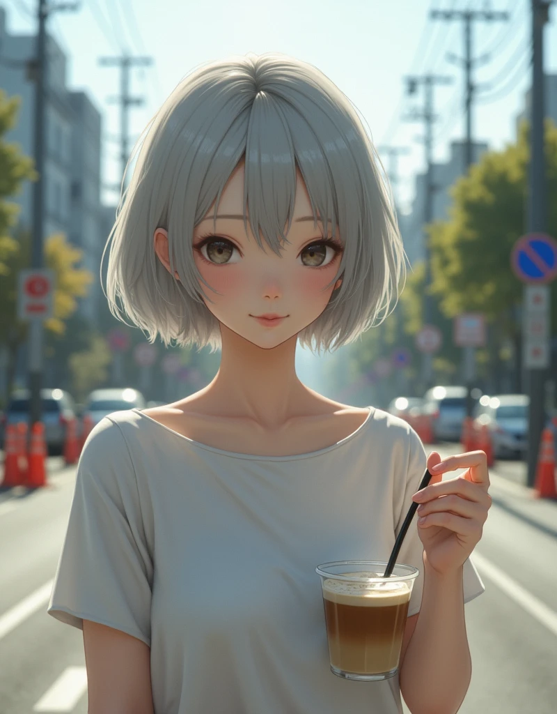 (RAW photo, best quality, masterpiece: 1.2), (photorealistic: 1.4), best lighting, 20 years old, (light gray hair, short bob cut, hair in 7 thirds, hair over one ear, Symmetrical eyes, fair skin, solo, Detailed Skin, Detailed Background:1.2), cafe latte in a transparent cup, taken in a residential area in Japan, road signs, traffic cones, sun, street trees, ((Realistic photo))