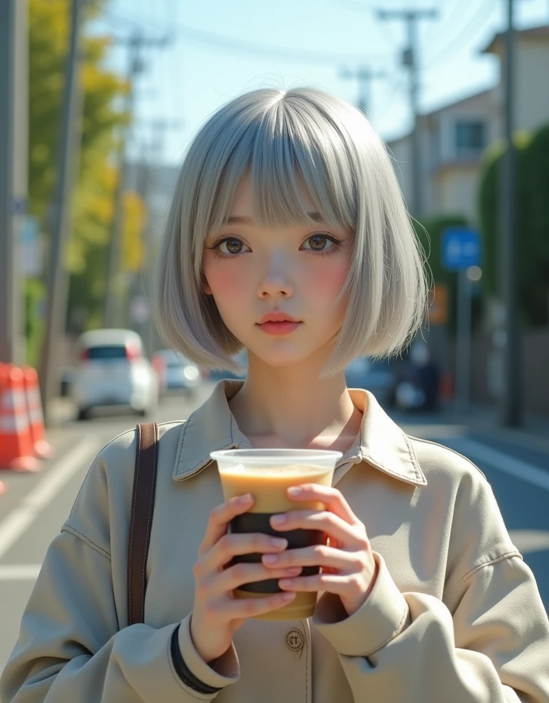 (RAW photo, best quality, masterpiece: 1.2), (photorealistic: 1.4), best lighting, 20 years old, (light gray hair, short bob cut, hair in 7 thirds, hair over one ear, Symmetrical eyes, fair skin, solo, Detailed Skin, Detailed Background:1.2),　cafe latte in a transparent cup, taken in a residential area in Japan, road signs, traffic cones, sun, street trees, ((Realistic photo))