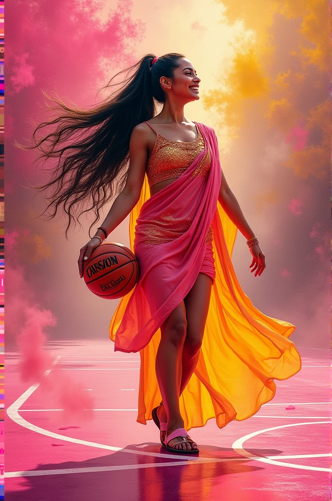 Beautiful painting of a woan standing in a beautiful basketball court,holding a basketball, strong smiling expression,pink & yellow shimmering short kurti , pink basketball court, light shining down on her, very very long hair tied with ribbon, messy paint strokes, powerful, ink splatter, pink basketball court background, bright colors,, yellow, black, gold paint strokes, beautiful art, insanely detailed, fantasy concept art