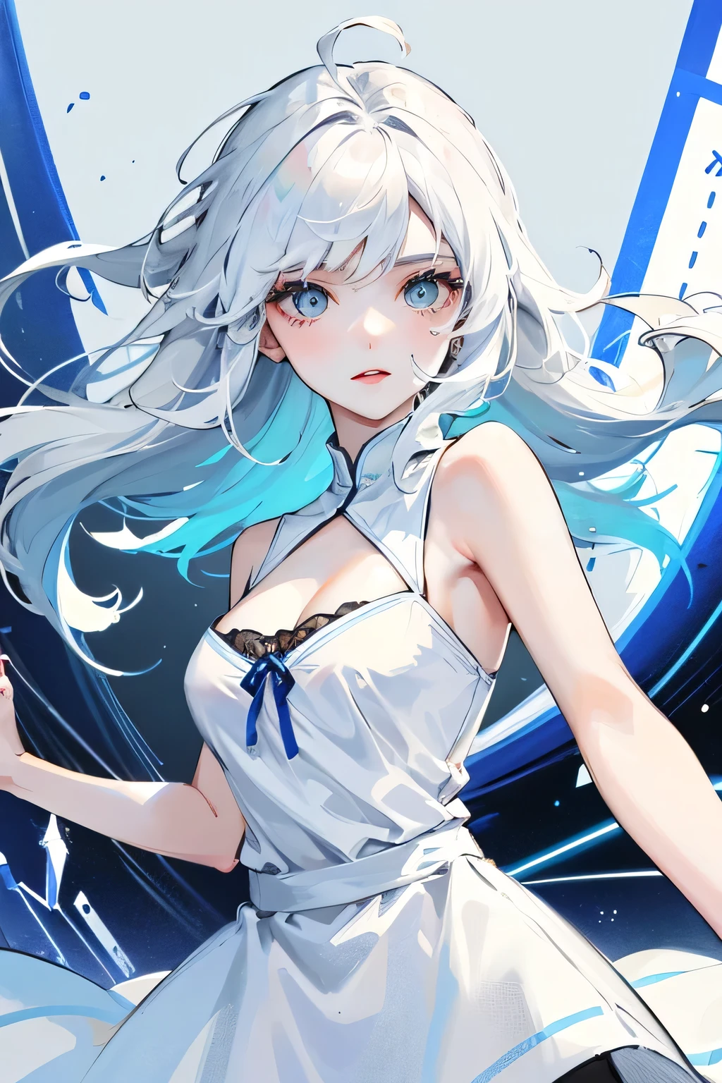 White haired girl with deep blue eyes, white camisole dress, floating, blue data bar background