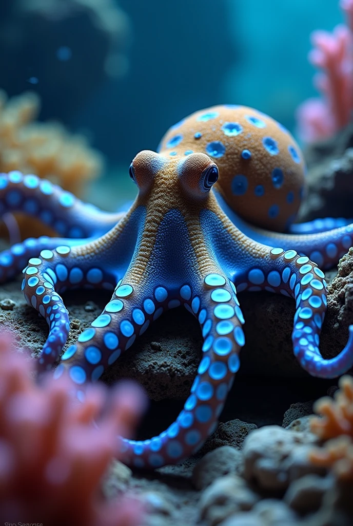 "Create a hyperrealistic image of a blue-ringed octopus in its natural habitat. The octopus should display its distinct bright blue rings, which contrast sharply with its grayish-brown skin. The image should capture the texture and detail of the octopus' tentacles, as well as its ability to camouflage itself against the backdrop of the underwater environment. The environment should include rocks and coral, with soft lighting that highlights the brilliance of the blue rings."