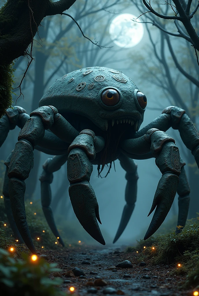 An ancient spider/crab statue. It has only one eye, a human eye. It is made entirely of stone. It is dark.