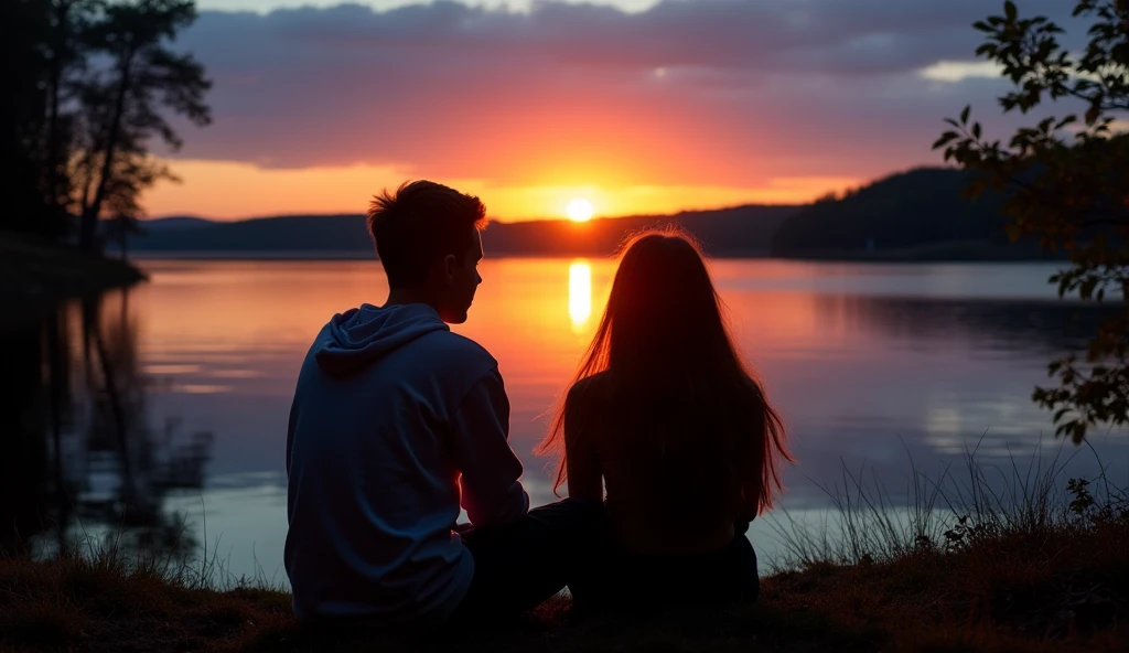 A boy age 27 and a girl age 25 both are were sitting in front of the lake. They are sitting like a friends. It's a silhouette shot. ”Realistic, intricate details, vibrant colours.