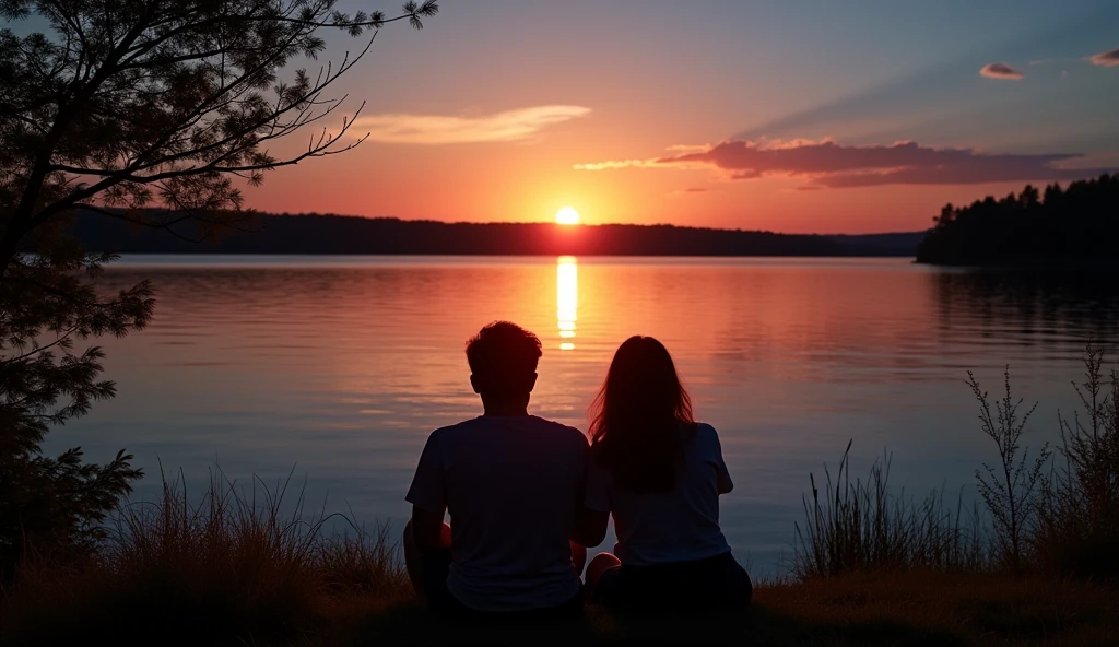 A boy age 27 and a girl age 25 both are were sitting in front of the lake. They are sitting like a friends. It's a silhouette shot. ”Realistic, intricate details, vibrant colours.