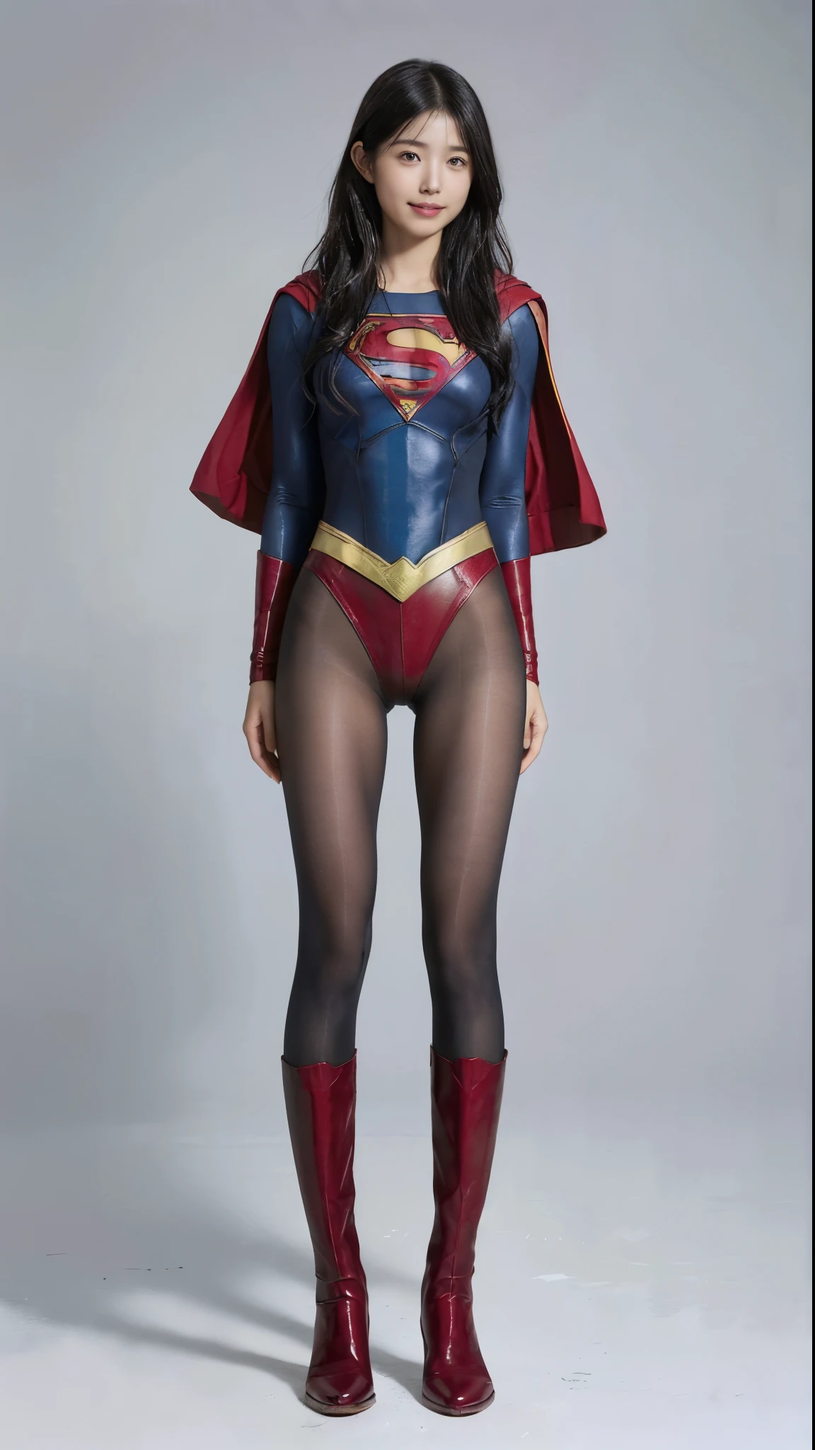 No background、(((Beautiful legs in black tights.)))、(((Legally express the beauty of your smile)))、((((Make the most of your original images)))、(((Supergirl Costume)))、(((Beautiful Hair)))、(((suffering)))、(((Please wear black tights....、Wear red boots)))、((Best image quality、8k))、((Highest quality、8k、masterpiece:1.3))、(((Preserve background )))、Sharp focus:1.2、Beautiful woman with perfect figure:1.4、Slim Abs:1.2、Wet body:1.5、Highly detailed face and skin texture、8k