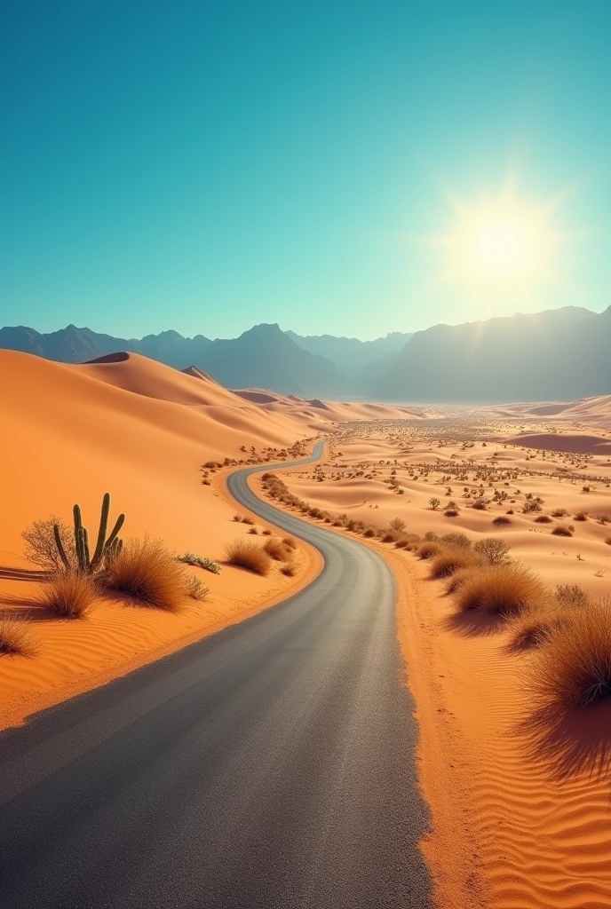 Create an image of a desert landscape with a road, simple side view drawing.