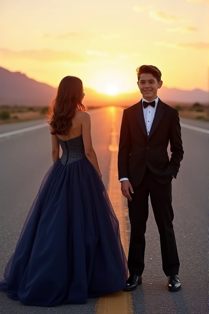 A girl and a boy standing on highway with formal wear