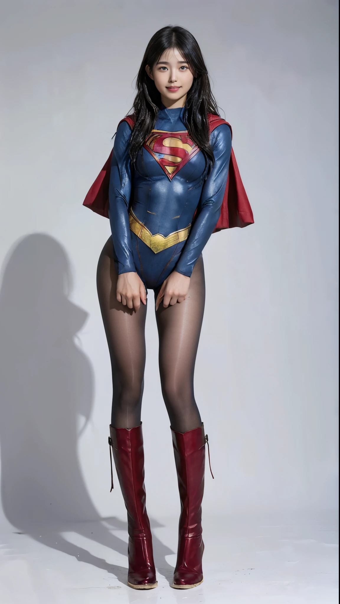 No background、(((Beautiful legs in black tights.)))、(((Legally express the beauty of your smile)))、((((Make the most of your original images)))、(((Supergirl Costume)))、(((Beautiful Hair)))、(((suffering)))、(((Please wear black tights....、Wear red boots)))、((Best image quality、8k))、((Highest quality、8k、masterpiece:1.3))、(((Preserve background )))、Sharp focus:1.2、Beautiful woman with perfect figure:1.4、Slim Abs:1.2、Wet body:1.5、Highly detailed face and skin texture、8k