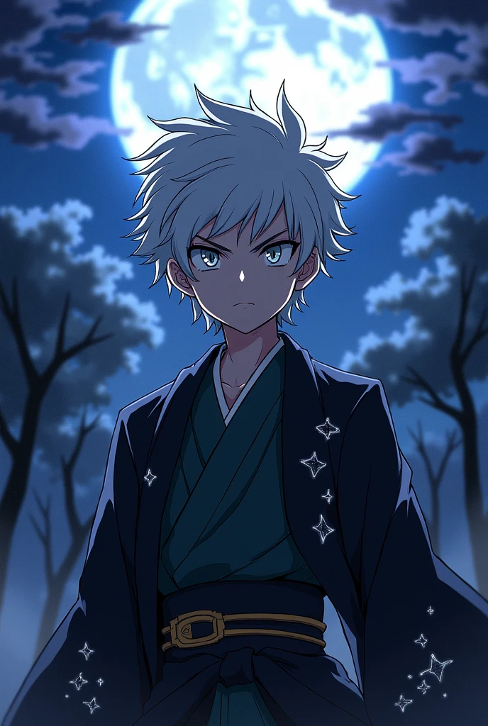 screeshot screencap anime Kimetsu no Yaiba. Boy with messy white hair, gray eyes, serious expression, wearing a demon slayer outfit along with a black haori with star patterns.