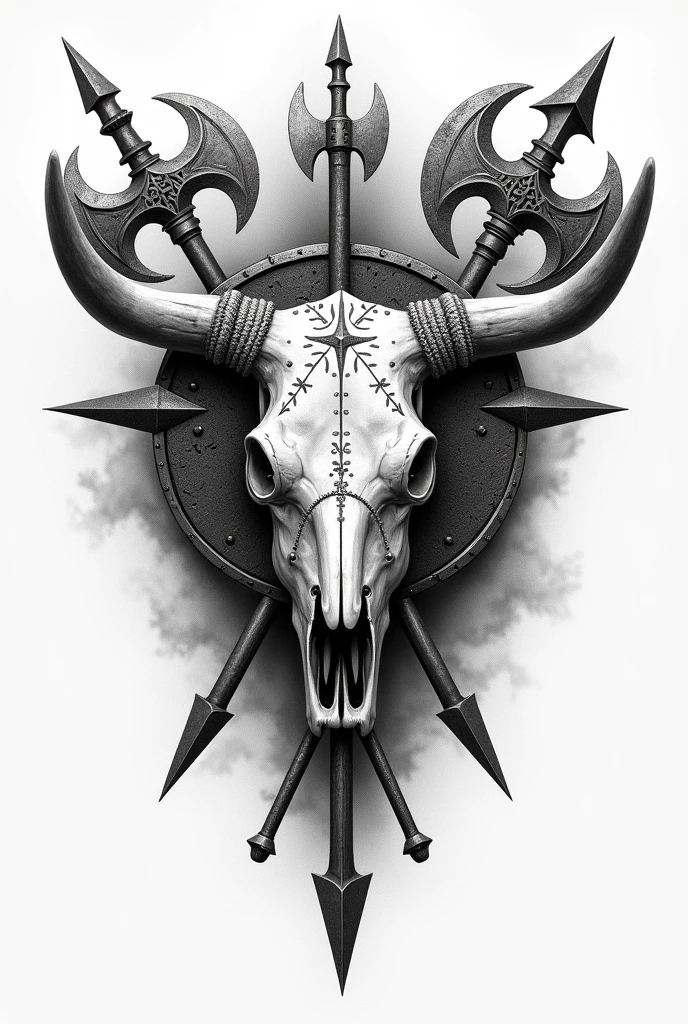 Create a black and white pointillism tattoo of a viking cow skull with thor and medieval war weapons pointillism