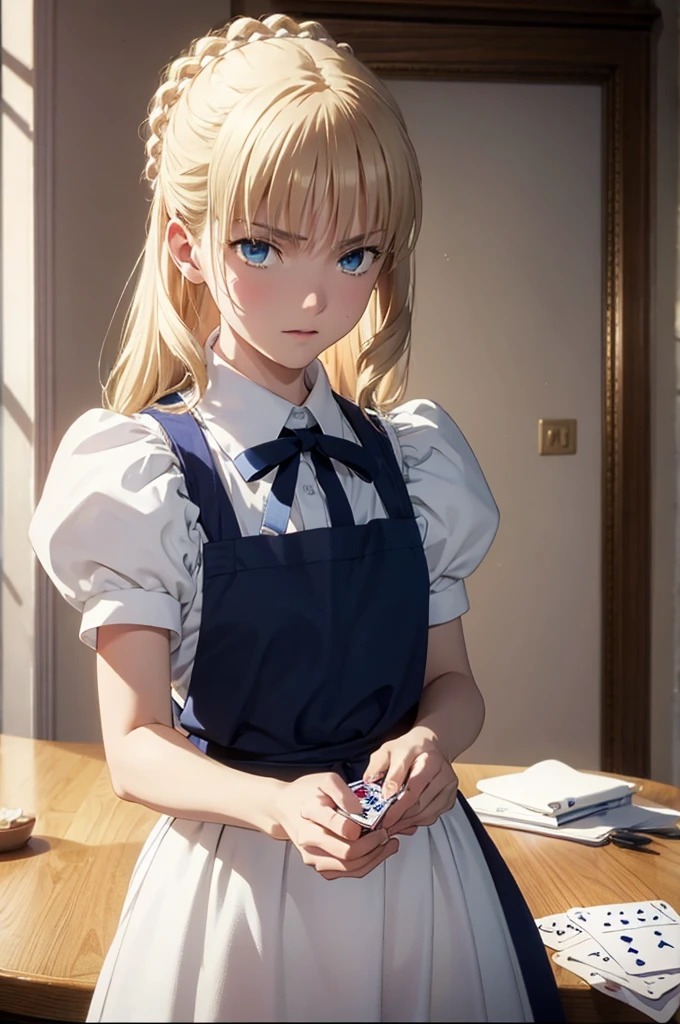 highest quality, ultra high resolution, realistic, cute girl pictures, detailed face, (Pueros face_V1:0.008), alice in wonderland, 13yo, blonde wavy hair, white apron, blue clothes, playing card pattern background, no makeup