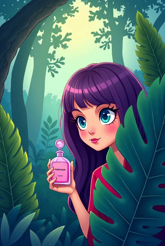 Minimalist cartoon tail green colors , purples , Pink and blue of Woman hiding among exotic leaves in the Forest while holding a perfume and looking at it from the side ,