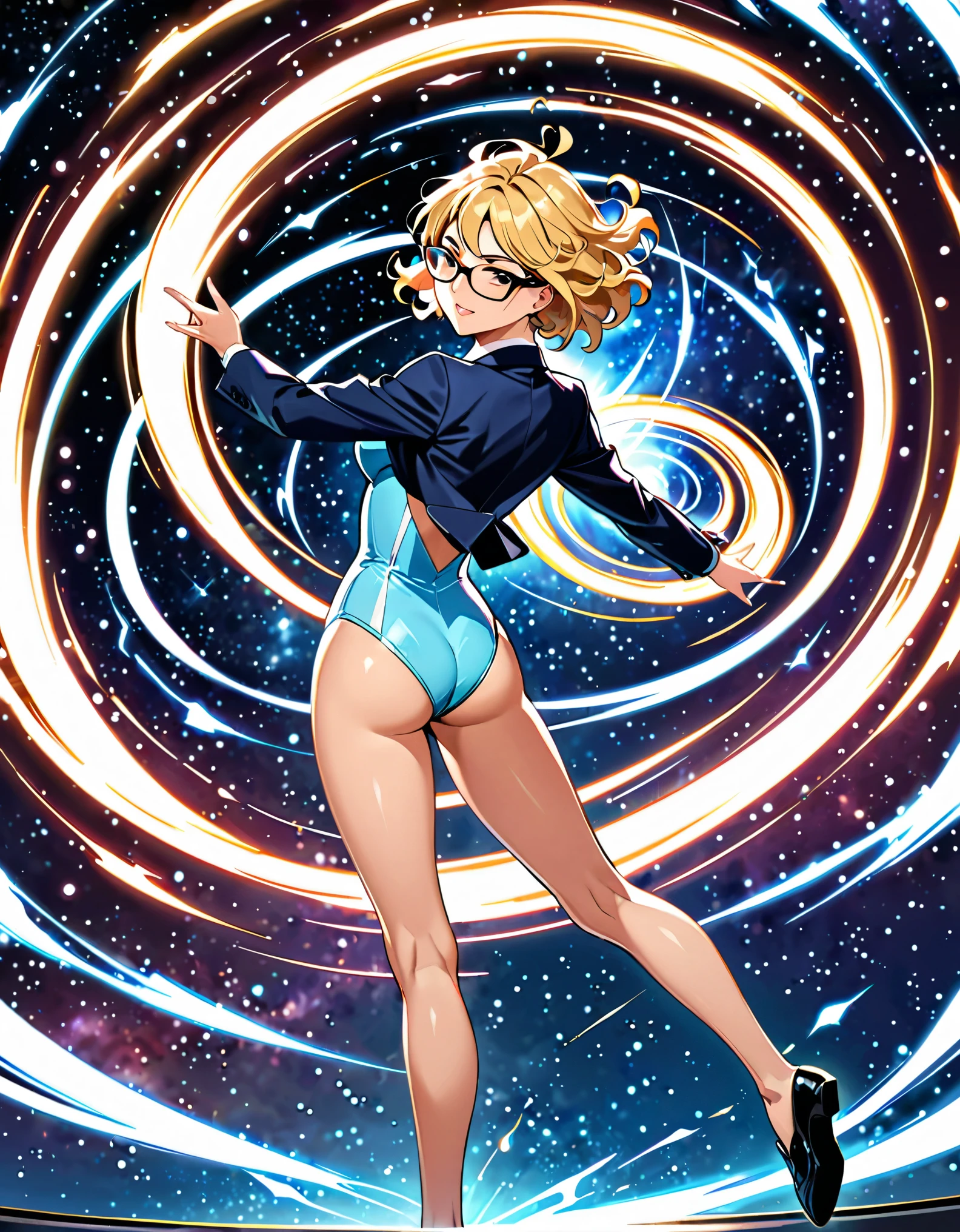 (masterpiece), (best quality), (high res), 1girl, medium breasts, ((leotard, light blue leotard)), dark blue suit jacket, open jacket, white shirt, bare legs, glasses, black shoes, solo, single, rear view, full body shot, cowboy shot, superhero, beautiful detailed eyes, beautiful detailed face, blonde hair, (short hair), wavy hair, mature lady, teacher, perfect body, space backdrop, (fast spin, dynamic whirlpose, spins fast in place like a tornado, whirls fast in place like a tornado, tornado whirling, spiral lines around her, speed lines around her, spinning energy pulse around her, storm winds around her, whirls into a tornado, (she whirls) at (super speeds)). full body costume design. curved sword slash. she super-spins, whirlwind, light particles.