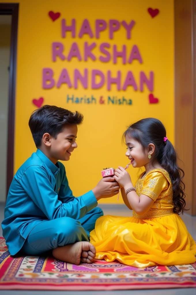 A realistic 20 year old Cute boy and girl are sitting face to face on a colorful mat in the home lobby, the boy has extended one of his hand forward And Girl tying Rakhi on brother's hand. boy is wearing a Blue colored kurta And the girl is wearing a yellow Lahenga, boy has a gift box in his other hand, is smiling, girl has applied tilak on his forehead, and on the wall in bold letters "HAPPY RAKSHA BANDHAN" "Harish & Nisha" It is written, 4k image