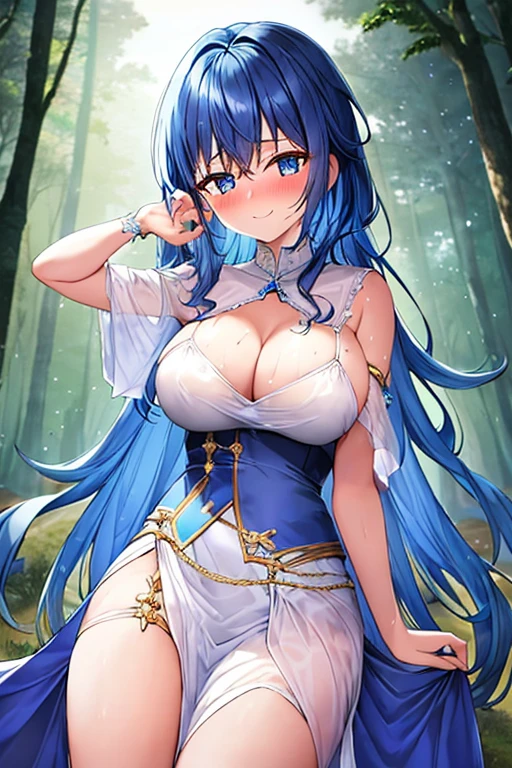 Ranni the witch (blue hair) lifting up her skirt (sheer white gown) and pinching her nipples (small breast) while resting at a site of grace (dark forest background) full face blushing while sweating a lot looking at viewer with horny smile