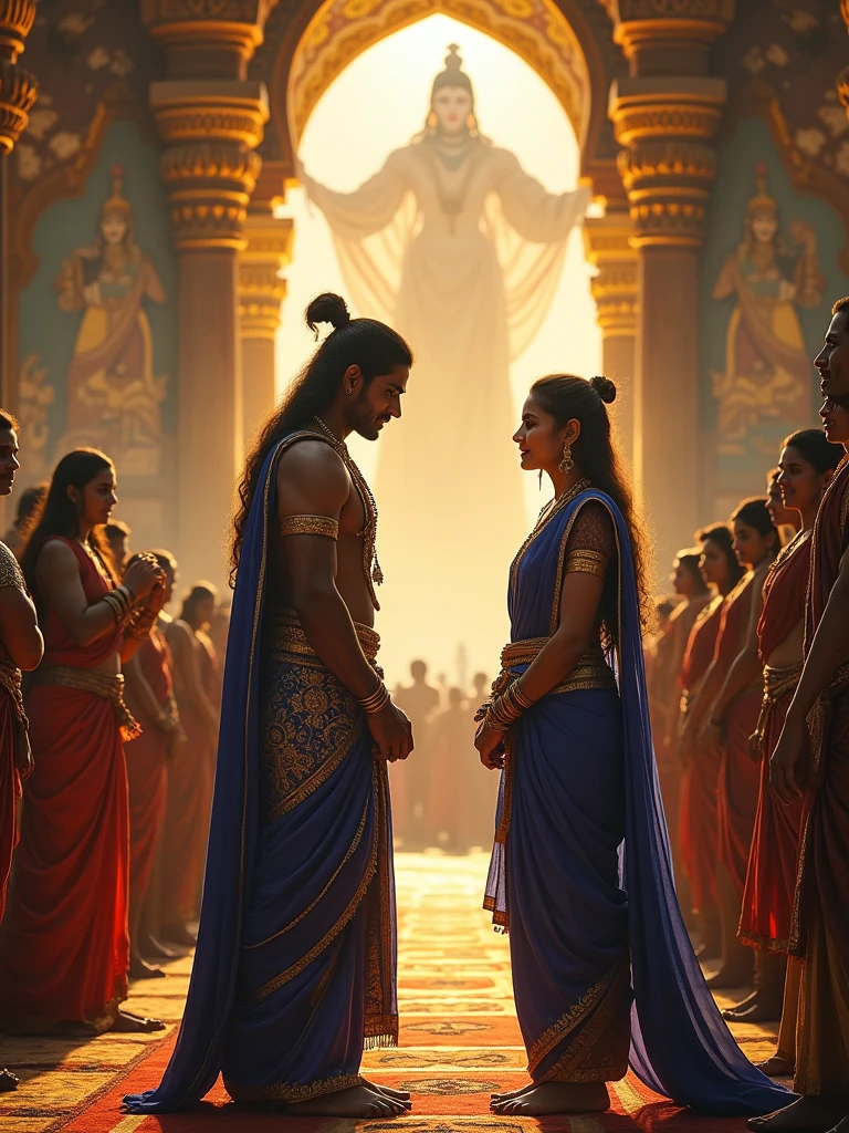 "Create an intense and emotional scene set in the epic Mahabharata. Depict Draupadi in distress during the Chir Haran (disrobing) in a grand royal court filled with spectators. Lord Krishna should be shown miraculously providing an endless sari to Draupadi, protecting her dignity. Draupadi is dressed in traditional attire with tears in her eyes, while Krishna appears divine, with a serene expression, emitting a soft, glowing aura. The setting should have traditional Indian architectural elements, with vibrant colors and intricate designs reflecting the period."