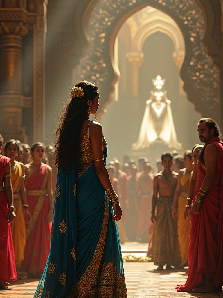 "Create an intense and emotional scene set in the epic Mahabharata. Depict Draupadi in distress during the Chir Haran (disrobing) in a grand royal court filled with spectators. Lord Krishna should be shown miraculously providing an endless sari to Draupadi, protecting her dignity. Draupadi is dressed in traditional attire with tears in her eyes, while Krishna appears divine, with a serene expression, emitting a soft, glowing aura. The setting should have traditional Indian architectural elements, with vibrant colors and intricate designs reflecting the period."