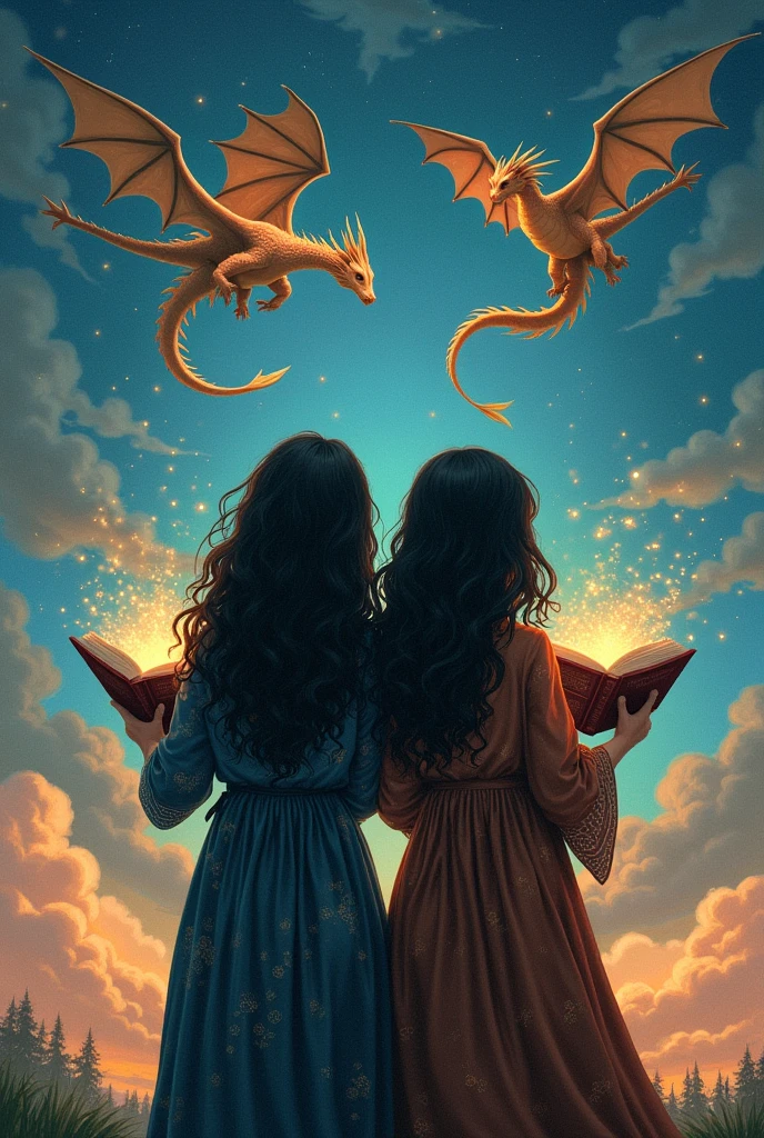 Make me two friends with their backs to me, each reading a book, Let the books be seen, one with shoulder-length wavy hair and the other with medium, straight hair, the two with black hair and dress them like witches without hats , and may the sky have dragon things, from narnia, Disney and magical style books, that their faces are not seen