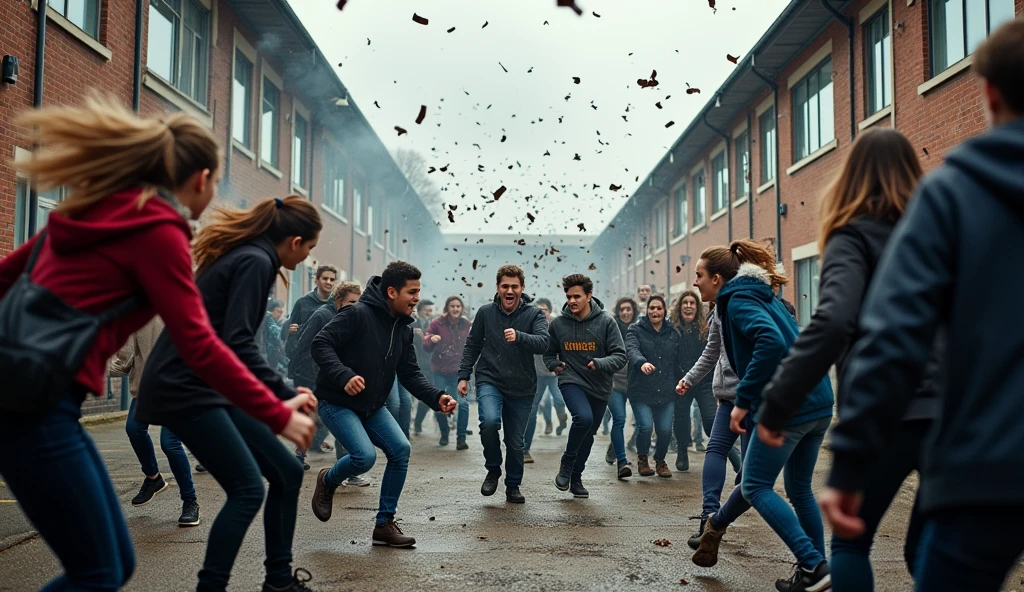 **Scene 2: Sudden Outburst of Violence**
Depict the moment when the tension outside the gate explodes into violence. The angry students have broken into the school courtyard and are now attacking the teachers. Some students are seen chasing the teachers, while others are engaged in a physical altercation. The teachers are caught off guard, with expressions of fear and shock. The scene is chaotic, with movement and action, emphasizing the sudden and intense outbreak of violence.