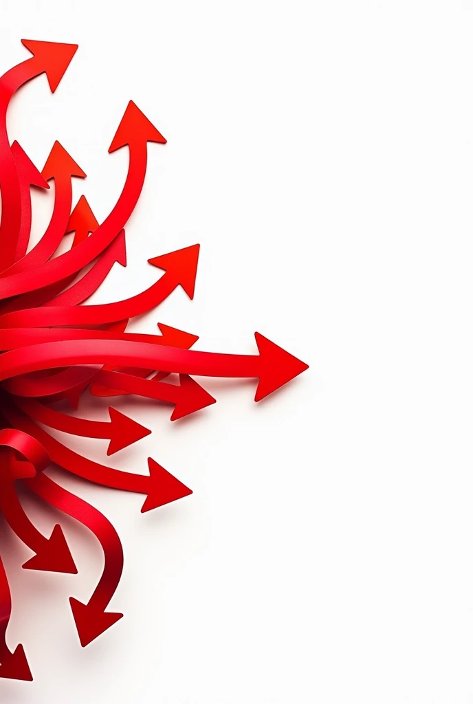 I want a horizontal image where on the left there are many wavy arrows mixed together., but as they head towards the right they become parallel and straight, red in color with a white background, In the end, these have to be straight and parallel, Don't forget that it has to be the same arrow., First they are mixed and then they are sorted
