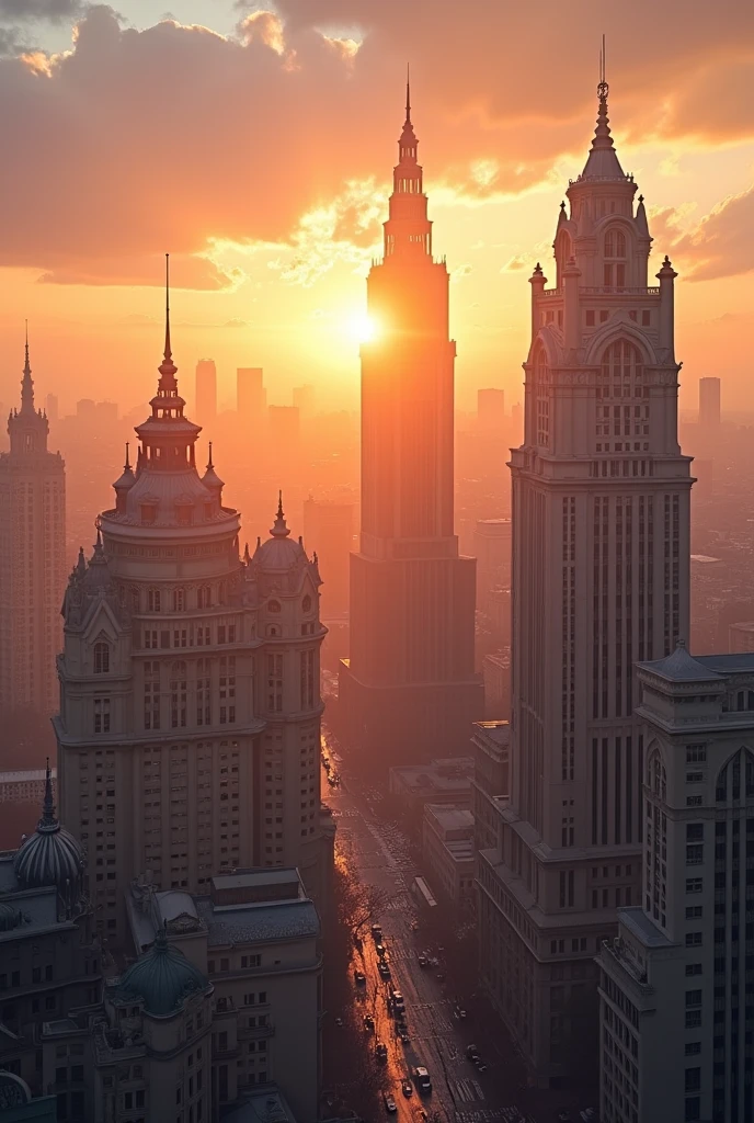 A real imagery of beautiful buildings and sunrise from the middle. In sky background 